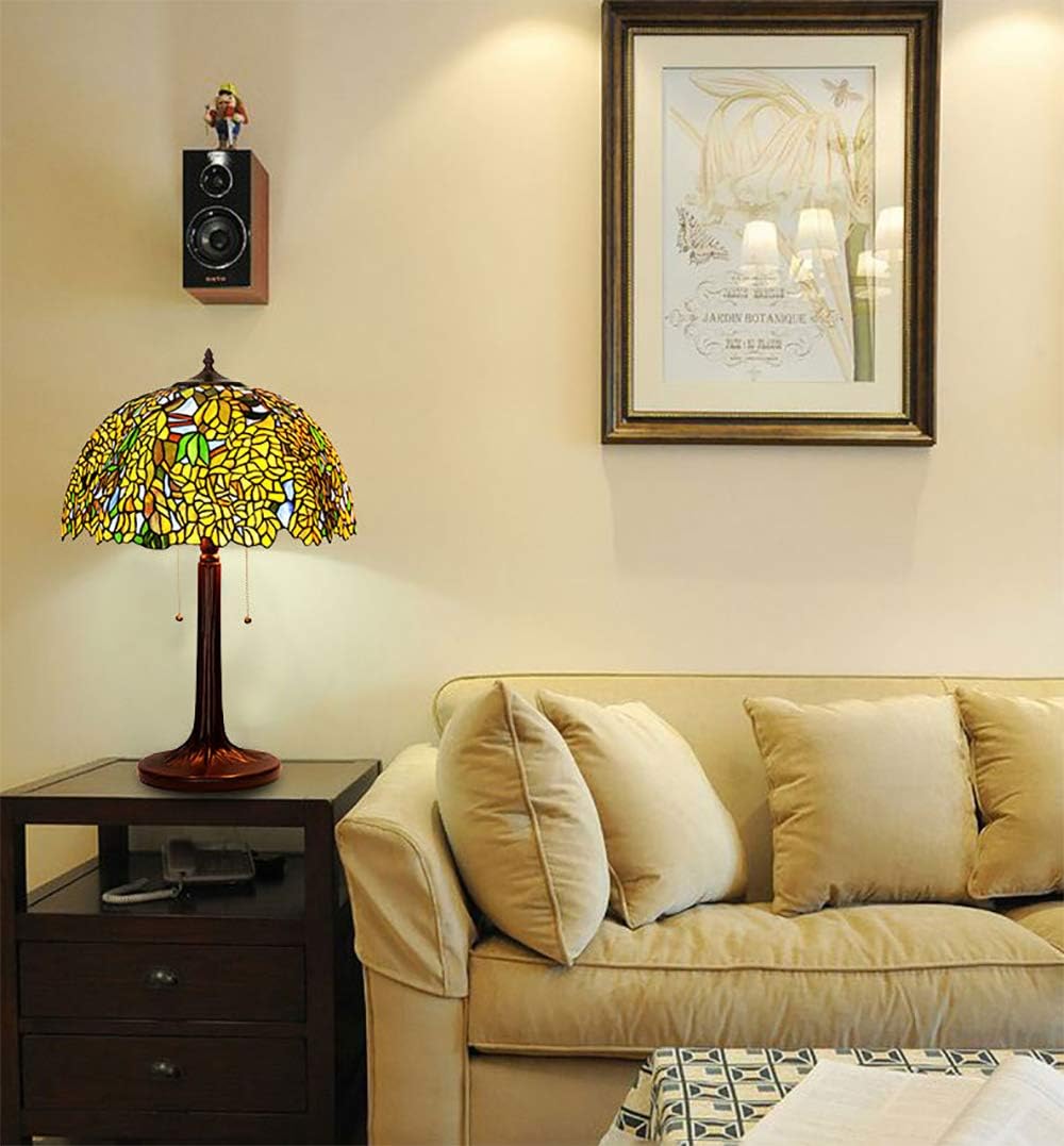 18 Inch Tiffany Style Wisteria Decoration Table Lamp, Green Yellow Blue Orange Stained Glass Desk Lamp for Bedroom Bedside,Living Room,Study Room, Pull Cord Switch