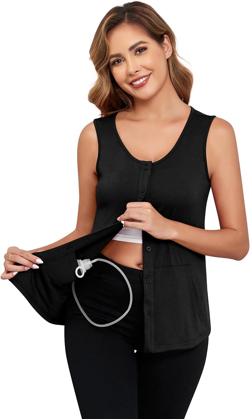 Woman's Mastectomy Shirts with Drain Pockets Open Front Breast Cancer Tank Top Post Mastectomy Must Haves
