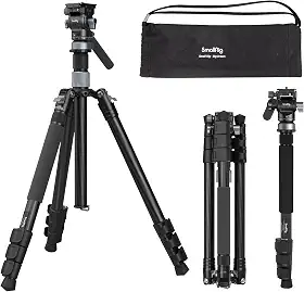 SmallRig Tripé de viagem de vídeo de 160 cm, tripé de fibra de carbono com cabeça de fluido de liberação rápida, base de tigela de nivelamento e coluna central, ultraleve de 1,3 kg para fotos e vídeos