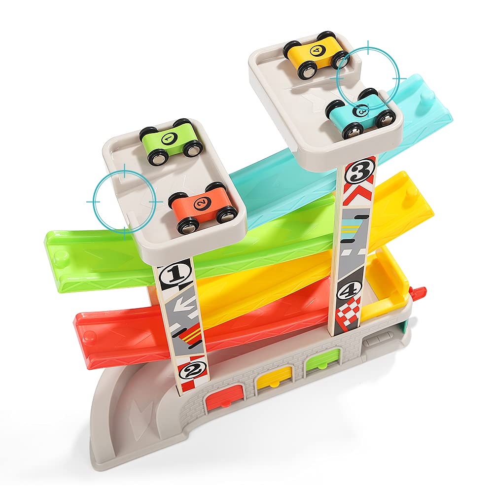 TOP BRIGHT Pista a sfera auto legno da 1 2 anni, auto pista da corsa giocattolo in legno con garage, giocattoli per bambini in legno 12 mesi ragazzi