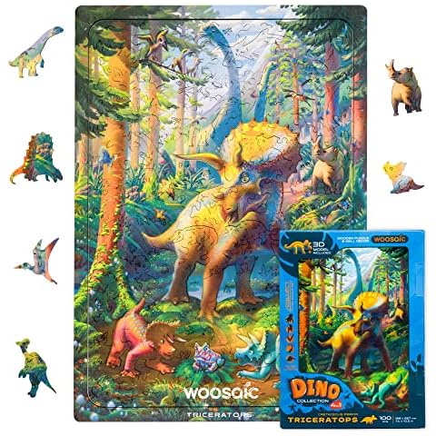 WOOSAIC Wooden Dinosaur Jigsaw Puzzle - Triceratops, 100 pcs, 7,4" х 10,5", Smooth Wood Edges, Unique Dino Shaped Pieces, Includes 3D Dino Toy, Learning Gift for Kids & Adults Cover