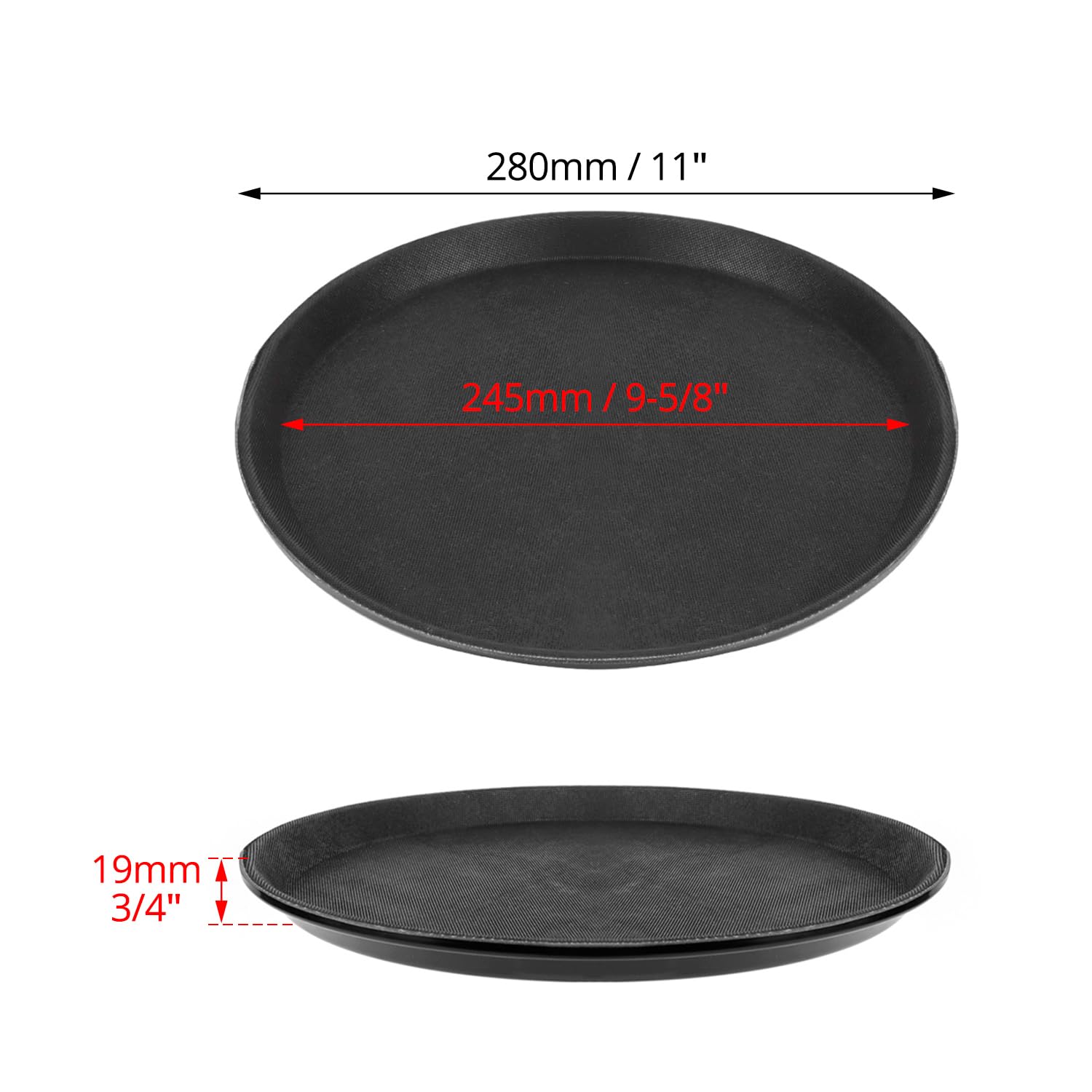 QWORK Vassoio rotondo da 28 cm per ristorante, confezione da 6 vassoi antiscivolo, vassoio in plastica nera per servire pasti