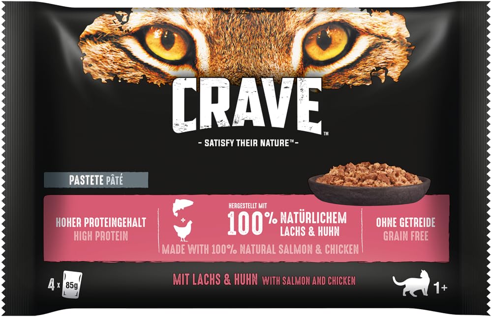 CRAVE Comida para Gatos, sin Cereales, Rica en proteínas, para paté con salmón y Pollo, 44 Bolsas de porciones (11 x 4 x 85 g), 3740 g