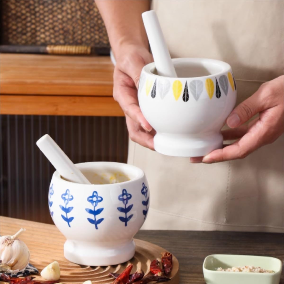 Mortar Pestle Set Household Ceramic Garlic Pounder Manual Grinder Crusher Pounding Pestle Set Kitchen Grinder