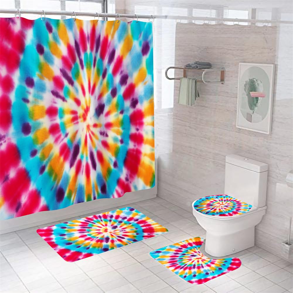 Alfombra Baño Rojo, Amarillo, Azul Juego De 4 Alfombras De Baño Lavable,Alfombra Baño Secado Rapido - Alfombra De Baño*1+Tapa del Inodoro*1+ Alfombra*1 Tipo U+Cortinas De Baño180X180 45X75Cm