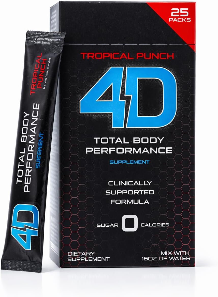 4D - Tropical Punch 25 Unit Box- Vitamins & Energy Powder Packets - Zero Calories & Sugars - Gluten Free, Non-GMO, Keto & Vegan Friendly