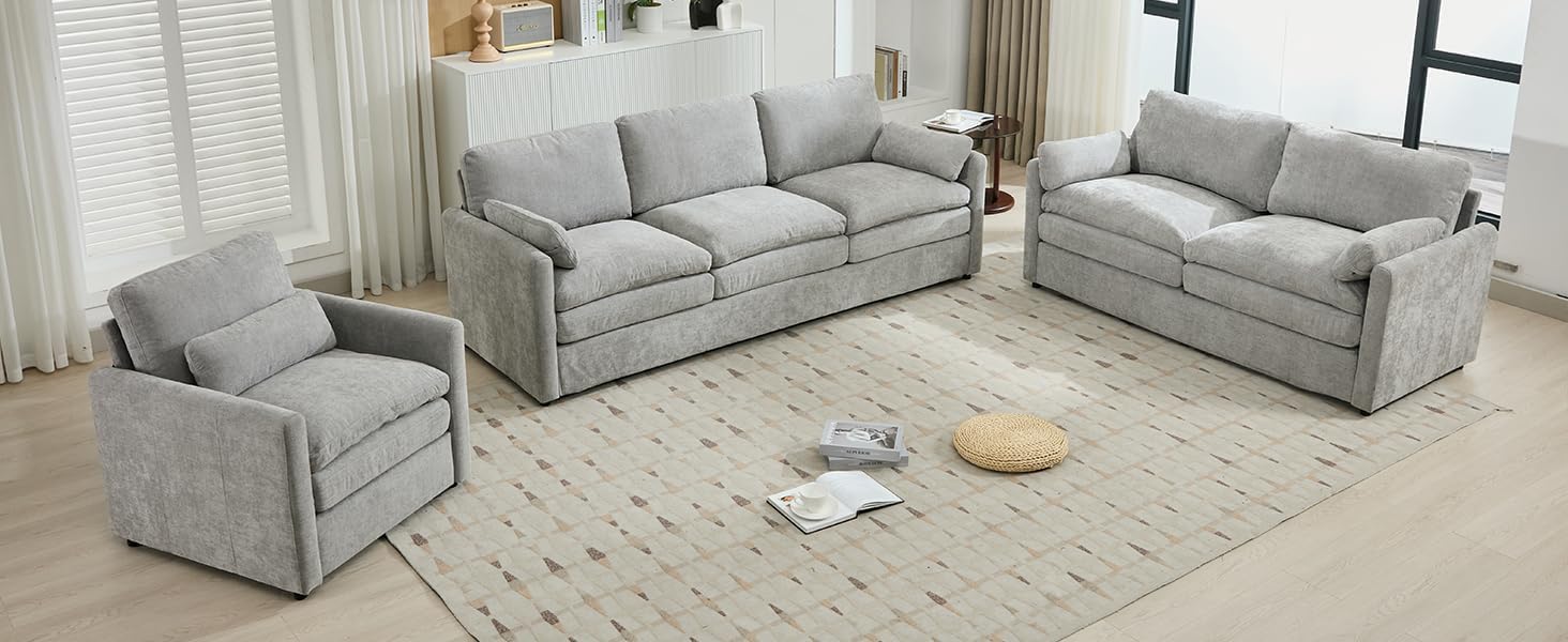 3-Piece Cloud Sofa Set, Oversized Plush Upholstered Couch with Double Cushions, Comfy Sectional Sofa Group for Living Room (Light Grey, Sofa & Loveseat & Chair)