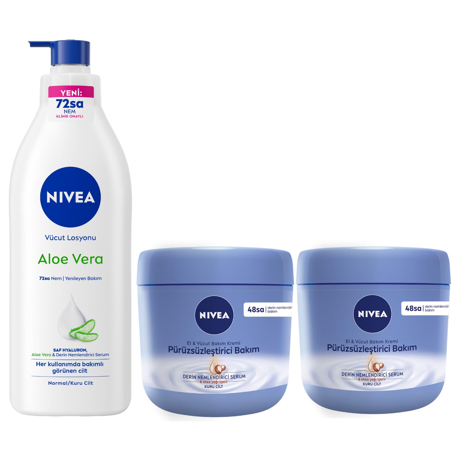 NIVEA Pürüzsüzleştirici El & Vücut Bakım Kremi,Kuru Ciltler,48 Saat Yoğun Nemlendirme (400 ml) X2 + NIVEA Aloe Vera Vücut Losyonu,400 ml,Normal/Kuru Ciltler için,Nemlendirici Serum,48 Saat Nemlendirme