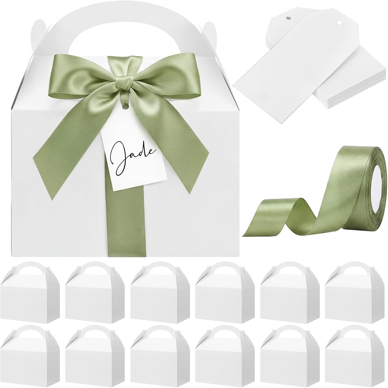 Maitys 50 Set Large Gable Boxes with Handle, Ribbon, Tag, White,Sage Green
