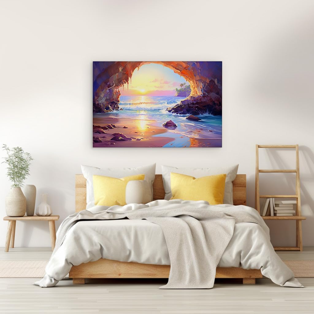 Canvas for Living room. Golden Hour Rhapsody - Where Waves Embrace the Dusk, 27 x 18 inch Canvas Wall Art - Contemporary Masterpieces - Modern Home Decor