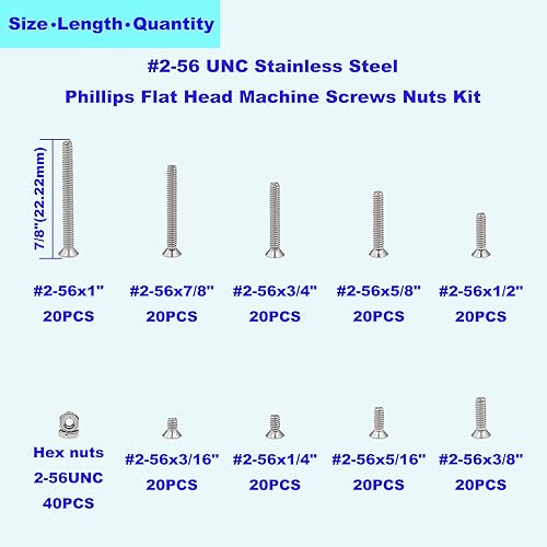Miniatura 3 de HVAZI #2-56 UNC - Kit surtido de tornillos de cabeza plana Phillips de acero inoxidable
