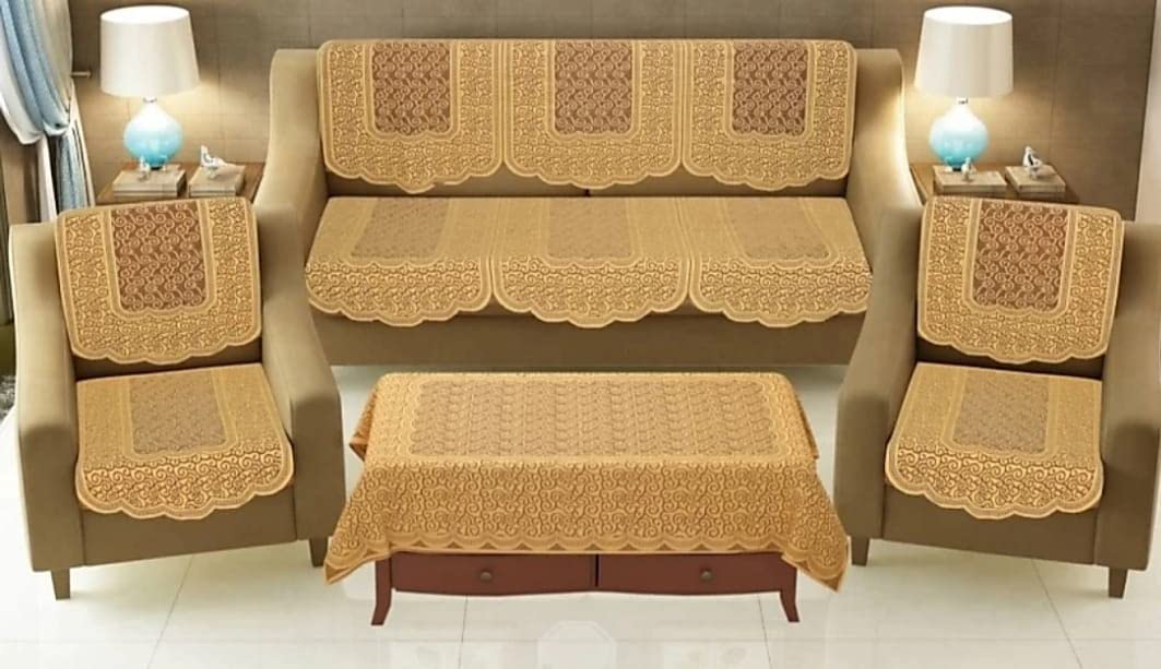 Fashion Huts Flower Design Net Cotton 5 Seater Sofa Cover Set with 1 Center Table Cover (Pack of 1X11) (Beige)