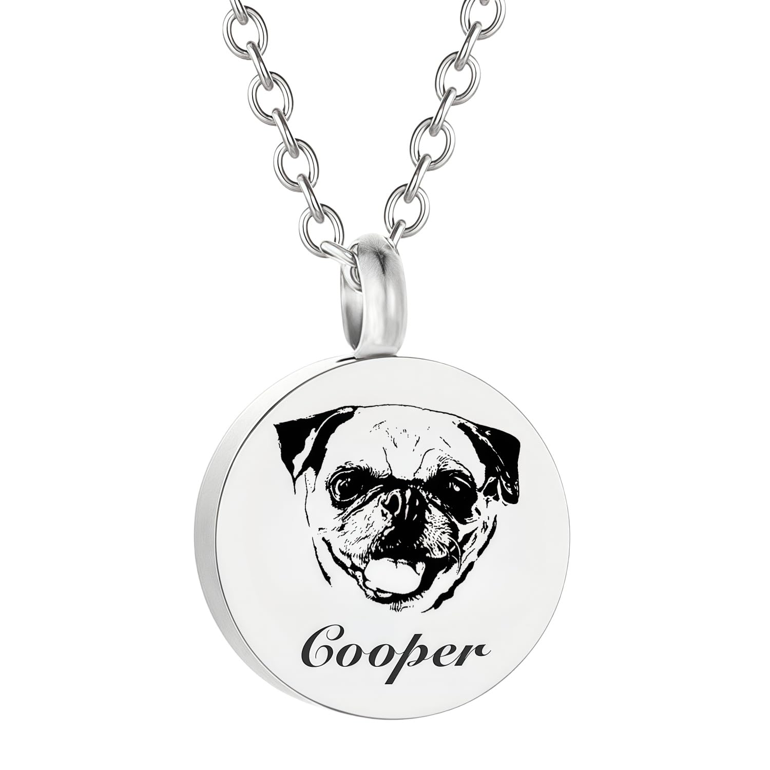 TSD Custom Personalized Circular Pet Memorial Necklace - Custom Pet Portrait Name Engraved Cremation Jewelry for Ashes Stainless Steel Urn Pendant Necklace for Dog Cat Lovers Memorial (Silver)