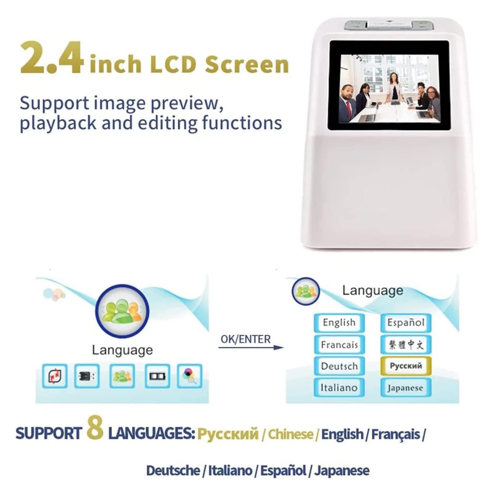 Scanner per Diapositive con Schermo LCD da 2,4", convertitore Digitale per pellicole da 22 MP, converte pellicole da 35 mm, 126, 110, Super 8, Diapositive, Negativi in JPEG