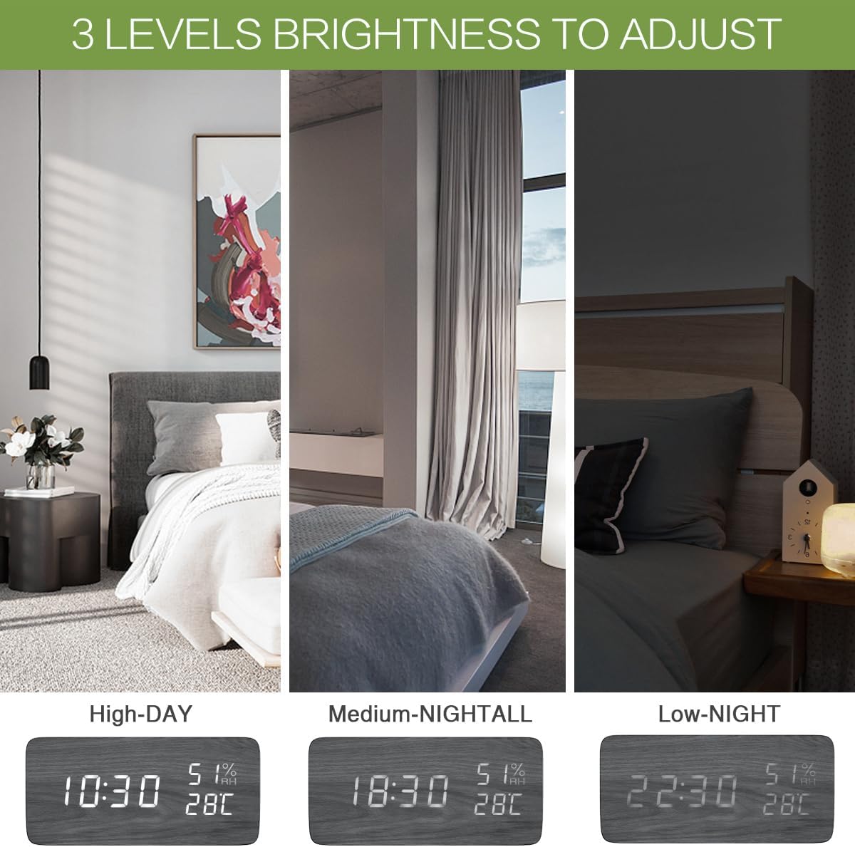 Three images showing the KeeKit Digital Wooden Alarm Clock display at different brightness levels: High-Day, Medium-Nightall, and Low-Night.