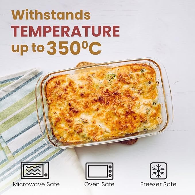 LEOMORD Borosilicate Glass Baking Dish Set, Rectangular Serving Trays, Transparent, 1000/1600/2200 ML Capacity, 3-Piece Set with Ergonomic Handles 2