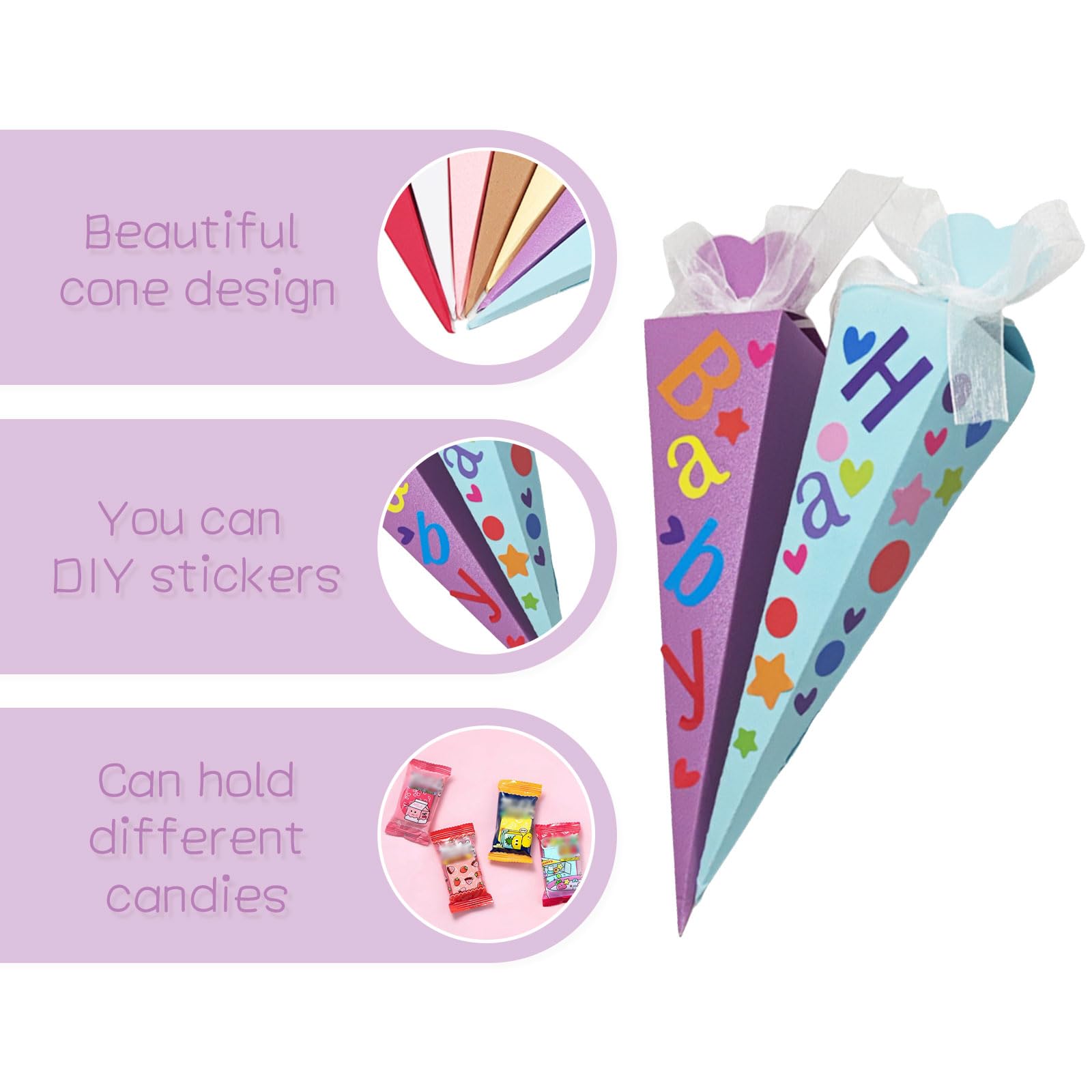 Pack de 32 Petits cônes d'école, Sacs Cadeaux décoratifs, Cornets de Sucre pour travaux manuels