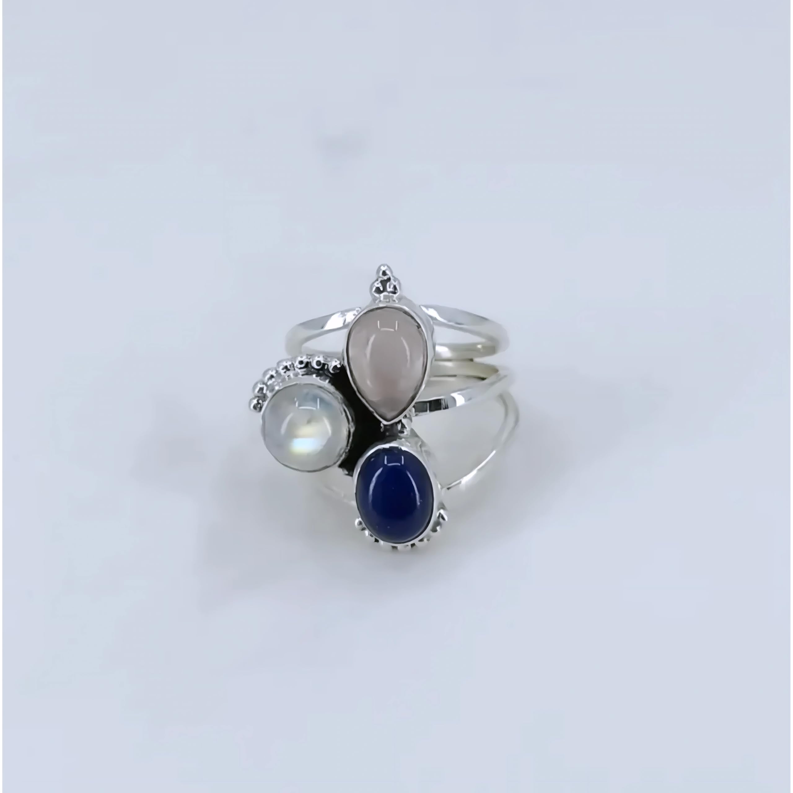 Dreifach-Edelstein aus 925er Sterlingsilber (Lapislazuli, Regenbogenmondstein, Rosenquarz) Statement-Damenring 14 bis 22 DE