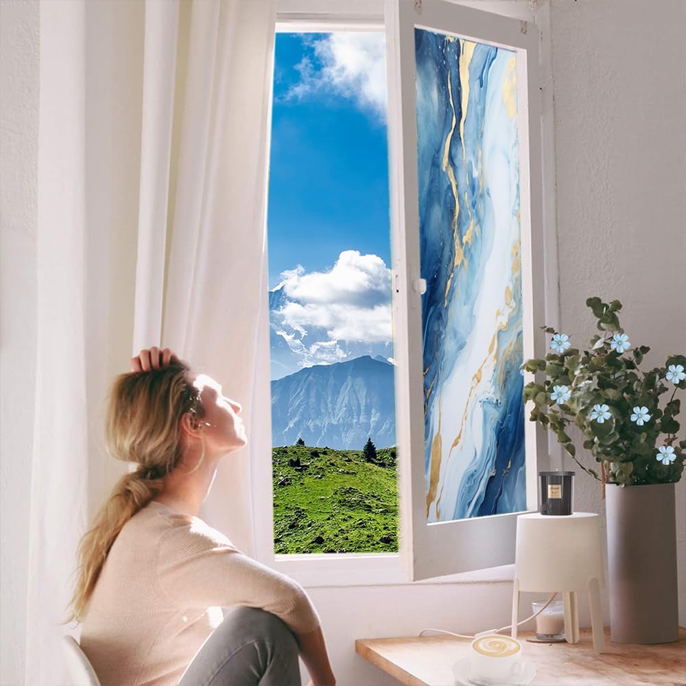 Beautiful Marble Texture Privacy Window Film Blue Gold Fluid Abstract Modern Stained Glass Window Coverings Adhesive Sticker Frosted Window Film for Home Office Stores 35.4Wx63L inch