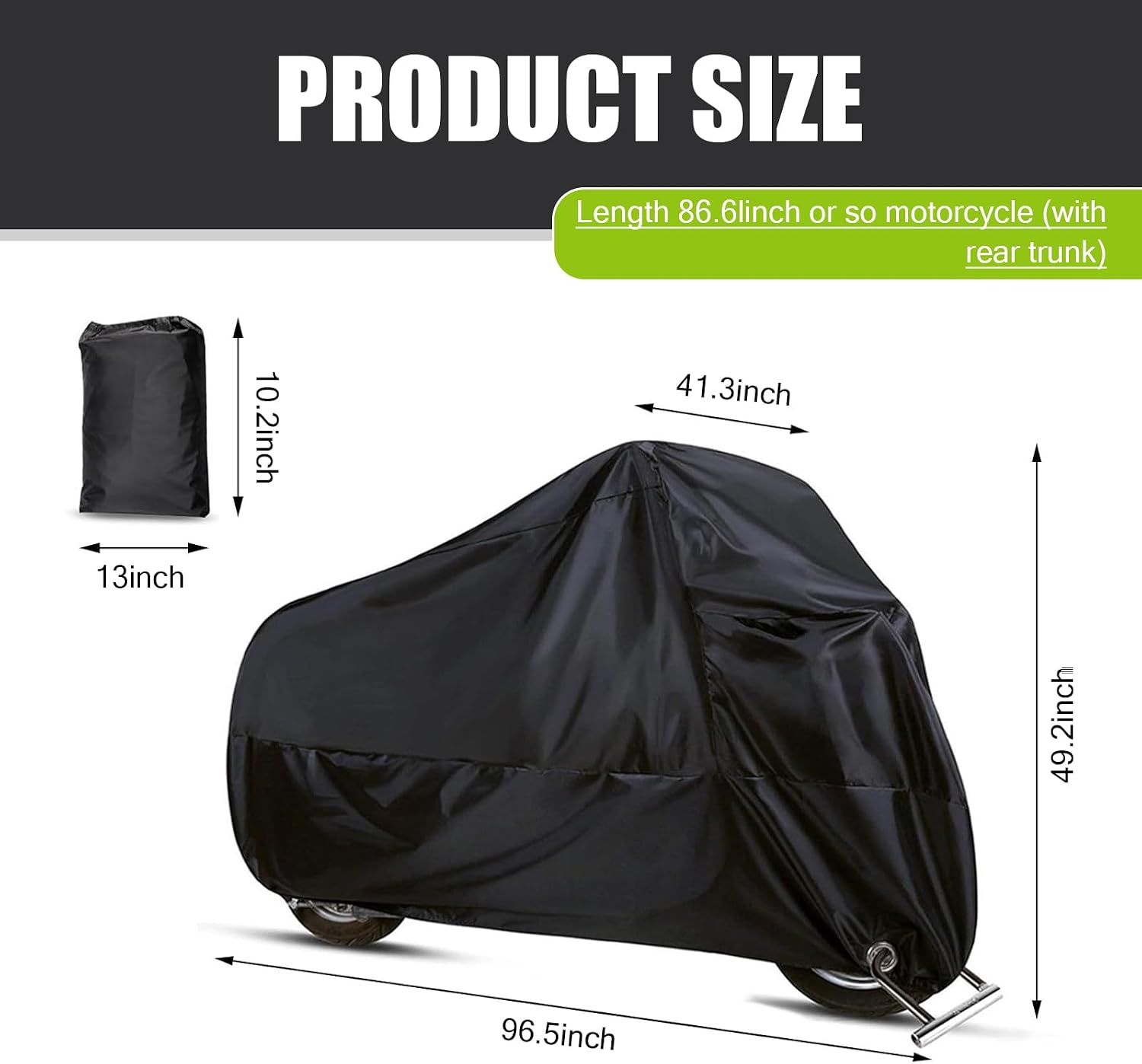 Pack-1 Motorcycle Protective Cover, 96.5" x 49.2" Waterproof Dustproof Full Coverage Cover for All Seasons, Snap-on Installation with Anti-Theft Hole, Universal for Motorcycles (Black)