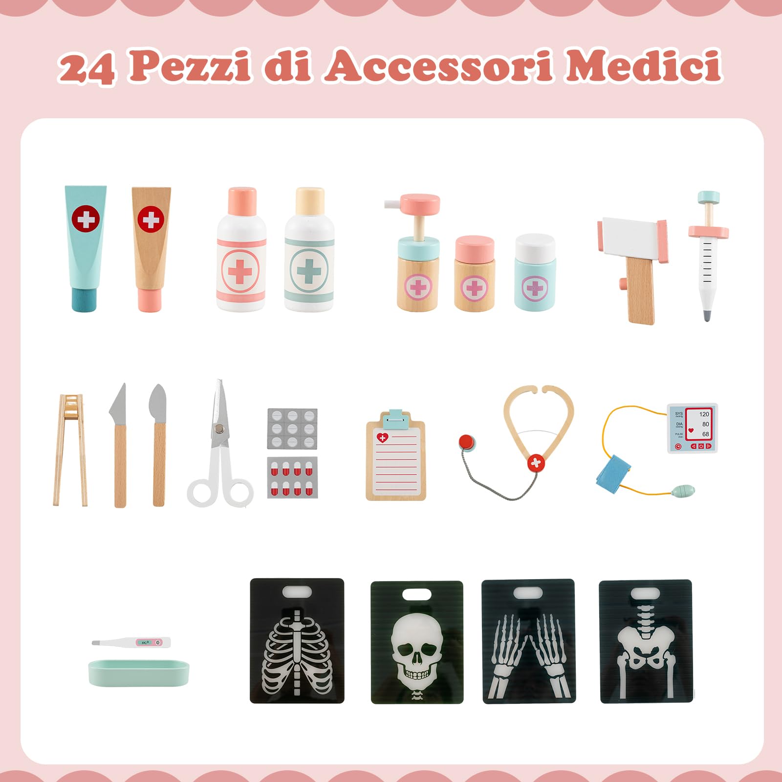 GYMAX Set da Gioco Medico in Legno, Gioco di Ruolo Medico con Stetoscopio, Monitor ECG, Pellicola a Raggi X, Monitor di Pressione Sanguigna, Area d'Esame, 24 Accessori (Rosa)