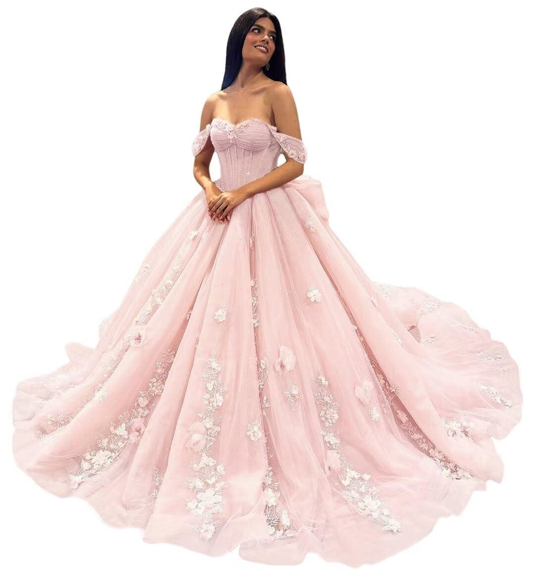 Ftupza 3D Floral Quinceanera Dresses Lace Beaded Party Gowns Off Shoudler Tulle Ball Gown for Sweet 15 16 Dresses