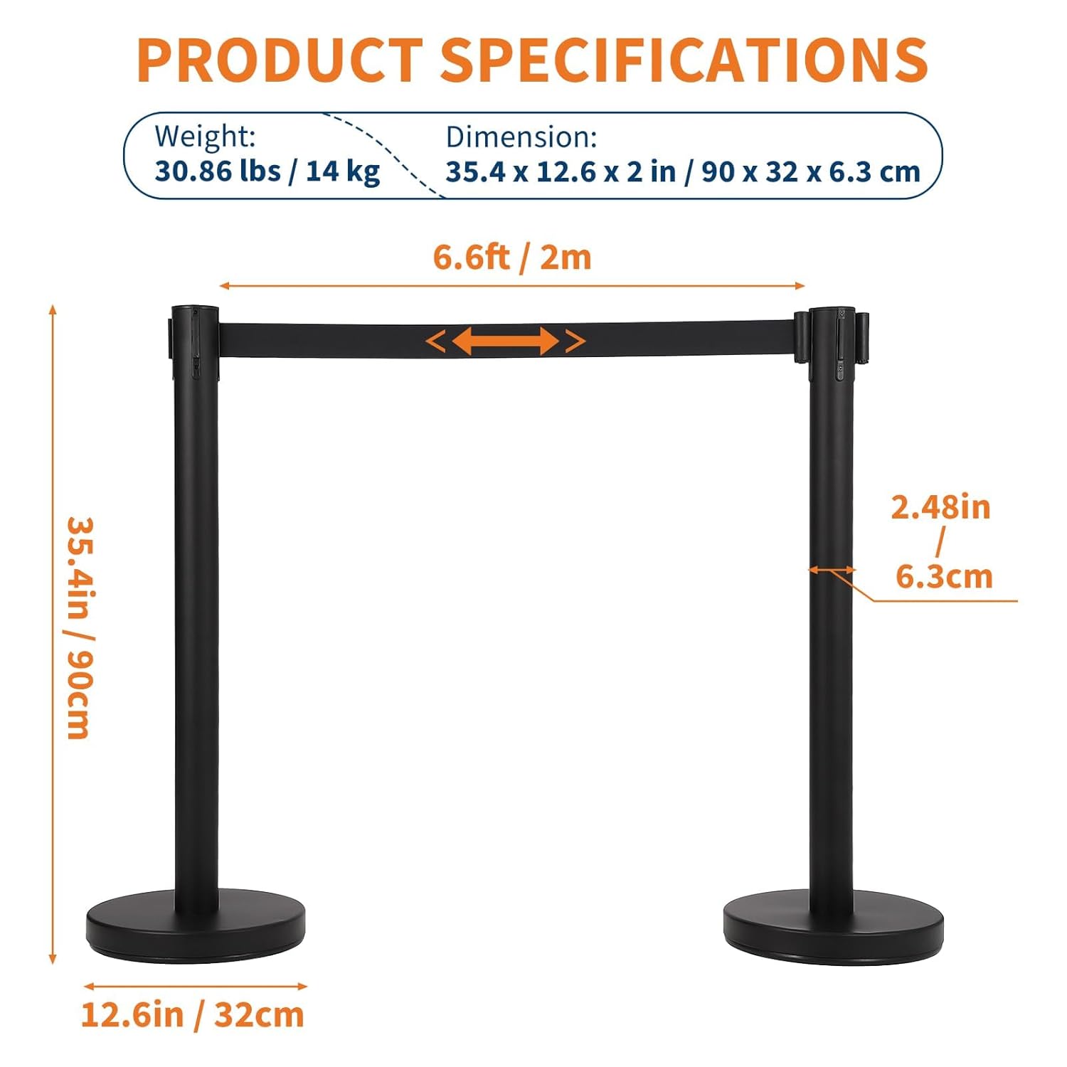 Crowd Control Stanchions with 6.5Ft Retractable Belts, Carbon Steel Black Stanchions Queue with Sand Injection Hollow Base, Crowd Control Barriers for Theaters, Parties, Exhibitions, Pack of 6