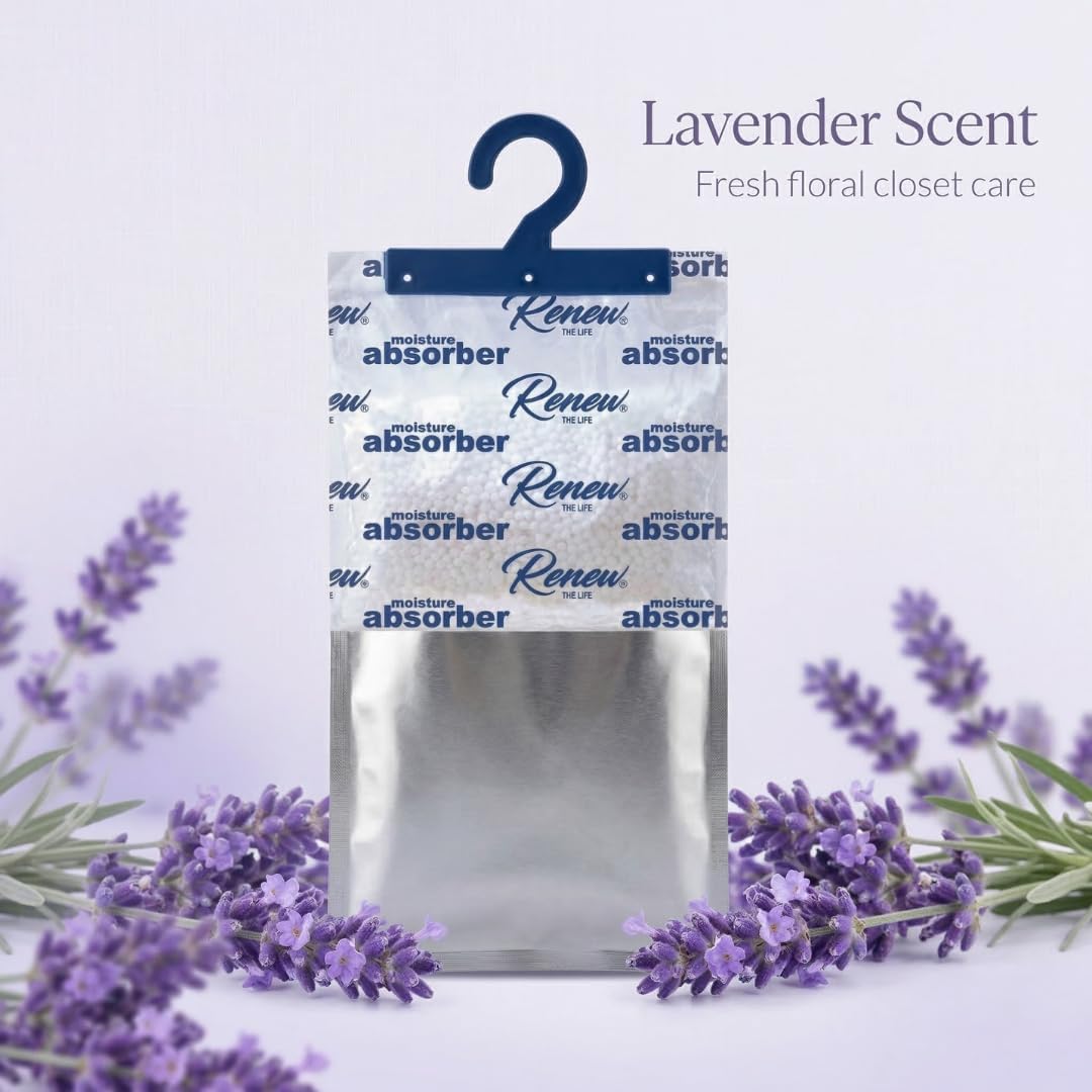 Renew The Life Moisture Absorbers for Closet - Dehumidifier Hanging Bag, 20 Pack, 8 oz, Lavender Scent Humidity Absorber, Musty Smell Prevention, Non Electric, Long Lasting Moisture Control