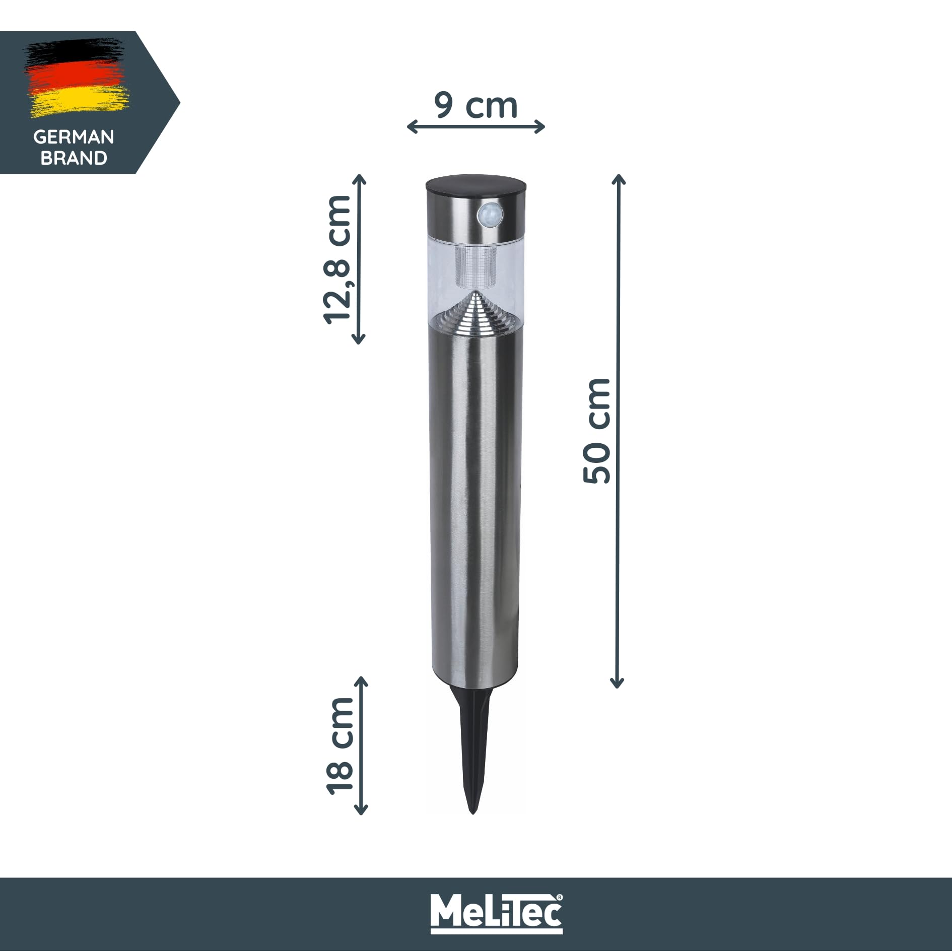 MeLiTec Solar Gartenleuchte mit Bewegungsmelder & Dämmerungssensor – Edelstahl Wegeleuchte, Außen, IP44 – Solarlampe kaltweiß