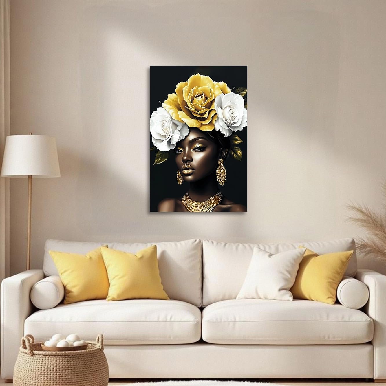 YMXDYMJSW African American Wall Art Black Woman with Yellow Rose Painting Abstract Black Girl Canvas Prints Fashion African Woman with Flower Painting for Bedroom (Black, (18L x 12W))
