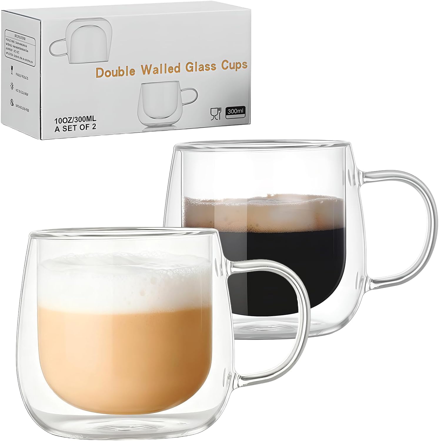 10oz Double Walled Glass Coffee Mugs Set of 2, Clear Insulated Mug for Cappuccino, Latte, Borosilicate Glass Cup, Heat & Cold Resistant Glasses - Image 5