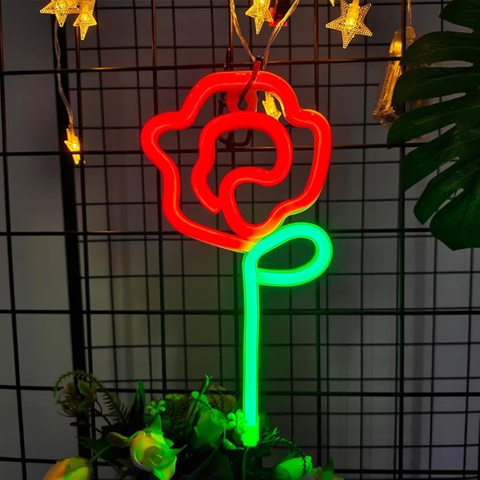 ENUOLI ENUOLI Rose Neon LED Signs Red Rose Flower with Green Stem Art Wall Sign for Cool Light,USB/Battery Operated Night Neon Light Flower Decor for Party,Bedroom,Bar,Wedding,Gift (Red)