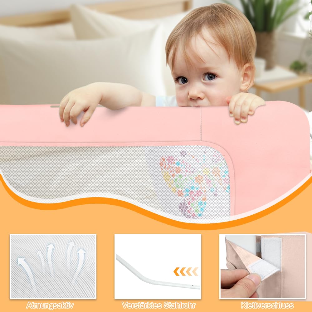 Barrière de Lit Bébé 200×73-86cm Réglable Hauteur Anti-Chute Rose