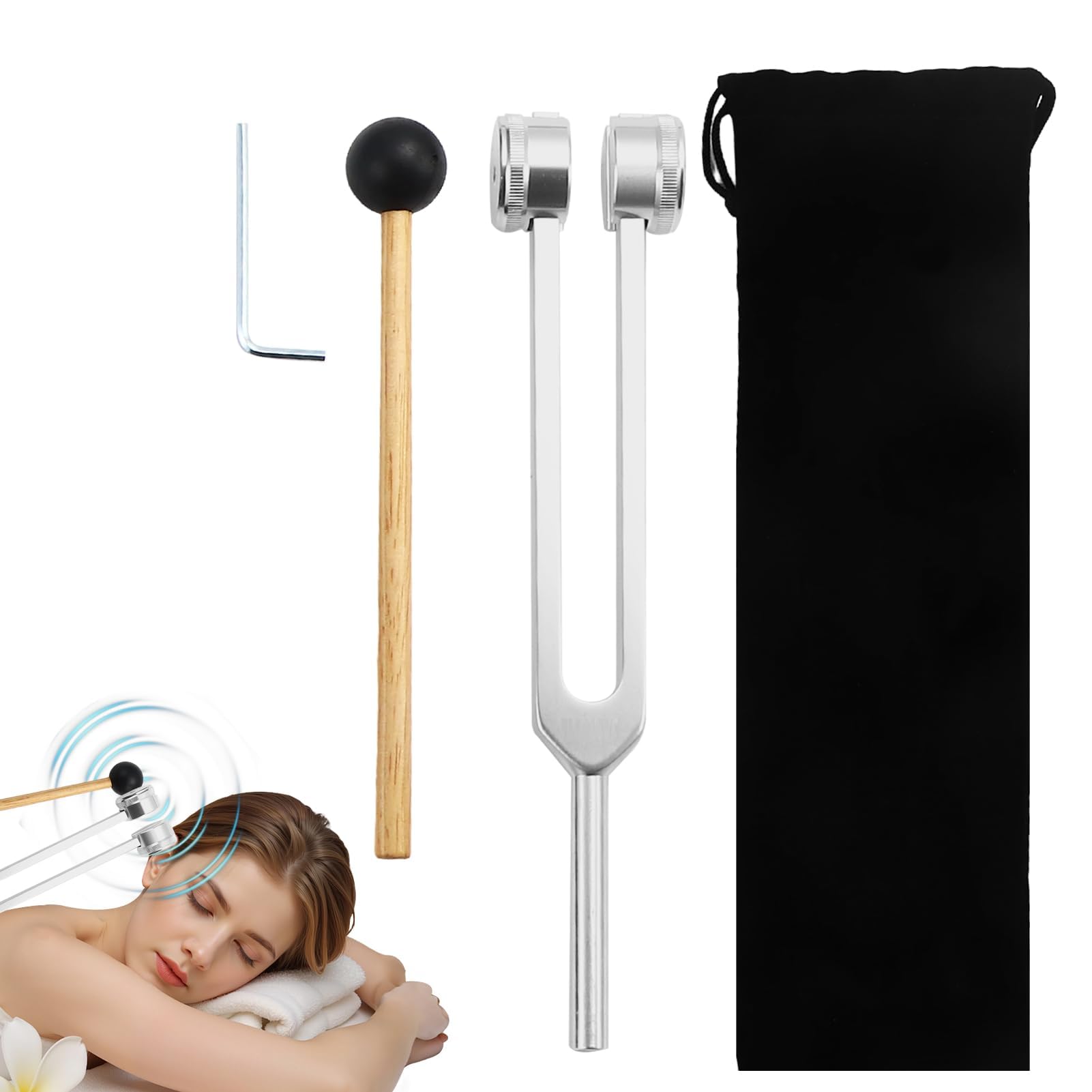 Diapasón terapéutico, Diapason 136,1 Hz Aluminio, Cuidado por Vibración Diapason, Diapason ofrece una respuesta frecuencia, martillo de silicona, herramienta de reparación, paño de limpieza, bolsa de