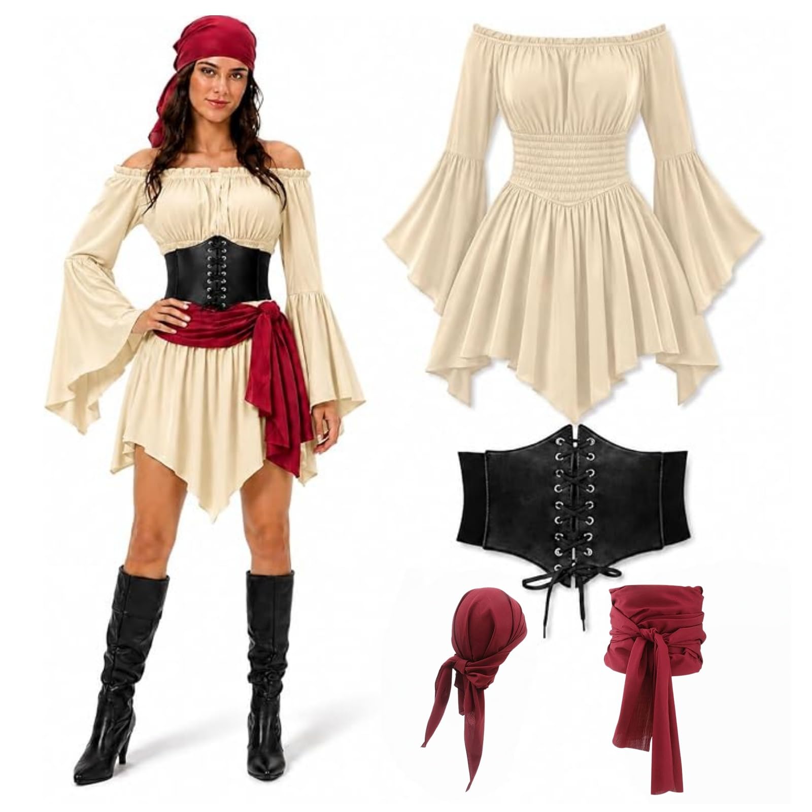 Piratenkostüm Zubehör Set Damen, 4-Teiliges Mittelalter Off-Shoulder Kleid Damen mit Piraten Korsett Piratenkleid Karnevalskostüm Cosplay, Accessoires Halloween Karneval
