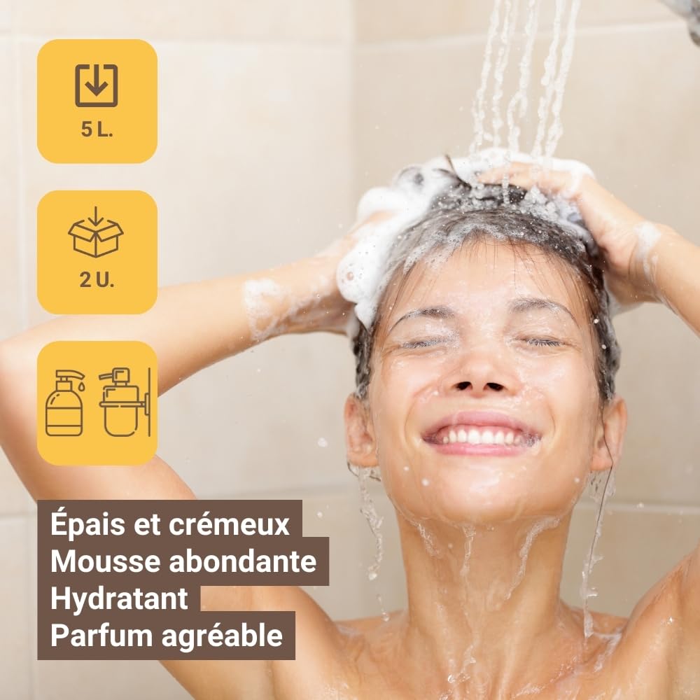 GPQ - Gel/Shampooing 2en1 NATURE 5 ltr. | 2 Bidons | 93% Natural Origin | Recharge doseur avec Après-shampooing sans Parabènes | Hôtel, B&B, Gîte Rural, Camping, Croisière, Gym... | Fabriqué dans l’UE