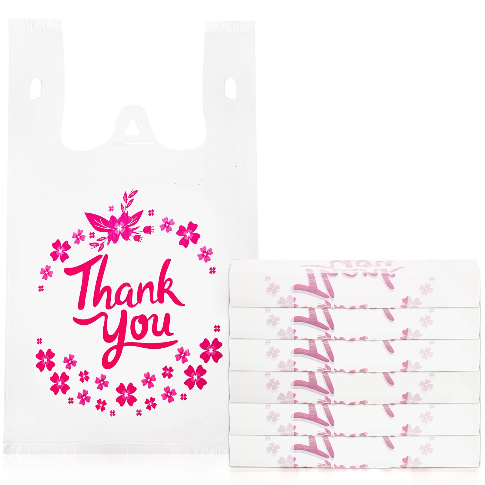 ZENFUN 500 Pack Thank You T Shirt Bag, 15 Mic, 0.6 Mil Bulk White Shopping Bag with Handles, Plastic Grocery Bags To-go for Small Business, Retail, Restaurant, Takeout, 13 x 7 x 21 Inches