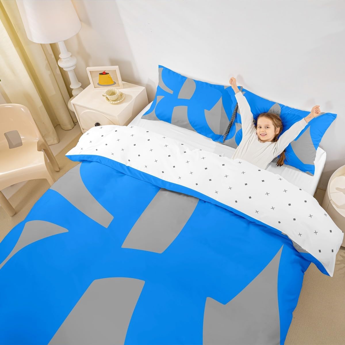 jejeloiu Blue Grey Duvet Cover Abstract Art Toddler Size Bedding Set for Kids Boys Girls Modern Geometric Abstract Comforter Cover Soft,No Comforter