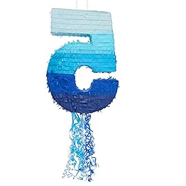 BLUE PANDA Pull String Pinata Number 5 - Ombre Blue, 16.5 x 11.6 In - Pinata for 5 Year Old Boy, 5th Birthday Decorations for Boys - Ribbon Surprise for Candy & Confetti