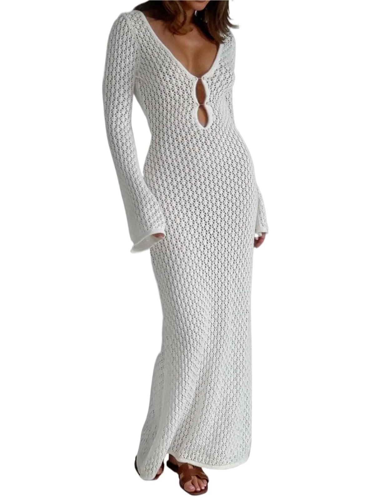 Vestido playero de punto sexy con mangas largas y escote V calado para mujer en talla XL