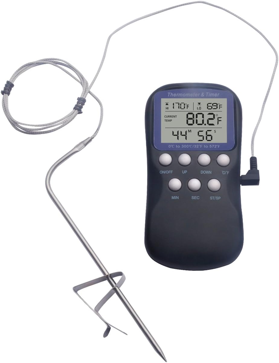 Digital Oven Thermometer & Timer with High/Low Temperature Alarm for Candy/Yogurt Making, Deep Frying, Baking & Cooking Meat Thermometer for BBQ Grill with Probe