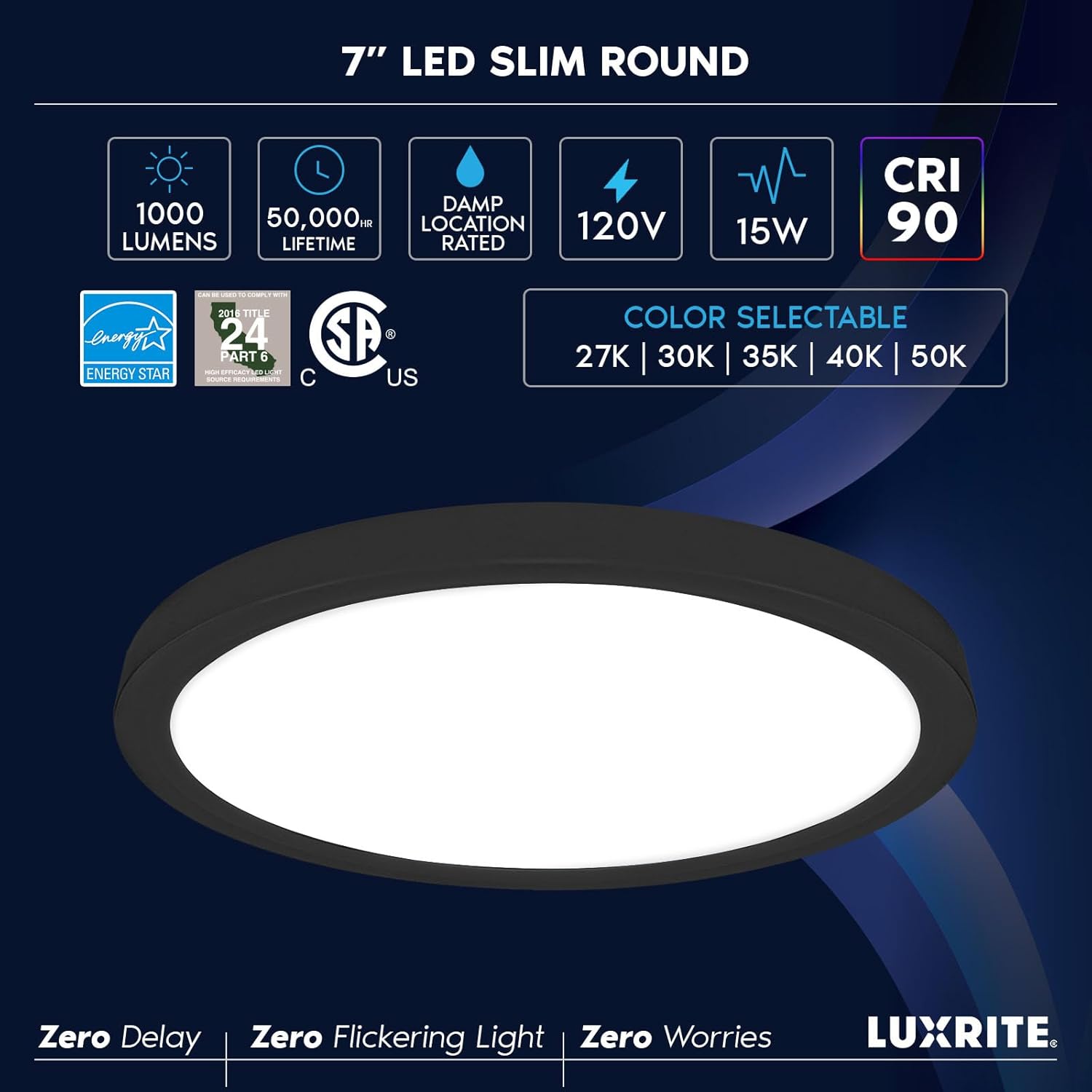 LUXRITE Slim 7 Inch LED Flush Mount Ceiling Light, 15W 1000LM, 5CCT 2700K 3000K 3500K 4000K 5000K, Dimmable LED Ceiling Light, Damp Rated, Energy Star, Title 24 - Black