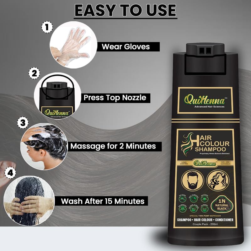 Image of QH+ Organic Gel Hair Color Shampoo 1N Natural Black 200ml (Pack Of 2) PPD Free, Ammonia Free Permanent Hair Colour For Women & Men, Vegan & Cruelty Free
