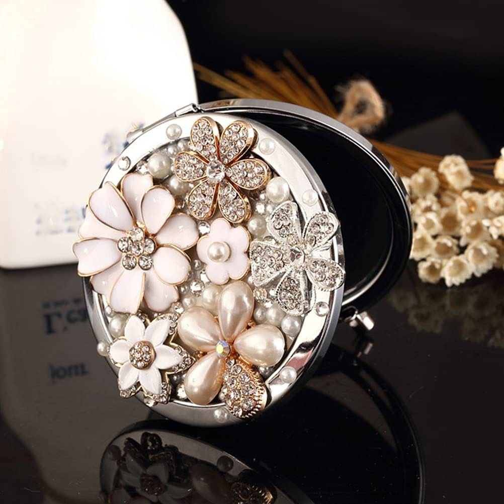 BESTOYARD 手鏡 両面ミラー コンパクト かわいい 小型 コンパクトミラー 双面 化粧鏡 金属 女優ミラー 拡大鏡 コンパクト デイジー パール ラインストーン 折り畳み