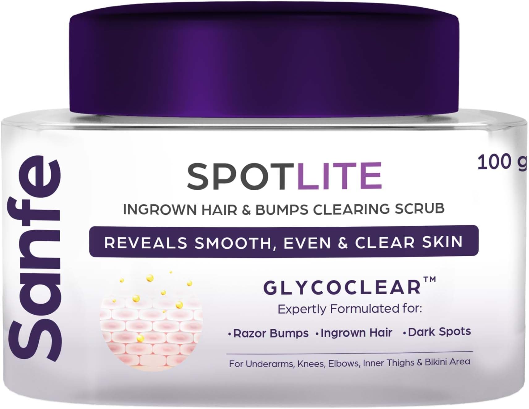 Sanfe Spotlite Ingrown Hair & Bumps Clearing Body Scrub For Dark Underarms, Inner Thighs And Sensitive Areas | 3X Quicker Penetration With Glycoclear | 10% Glycolic Acid, Walnut Beads | Helps in Depi