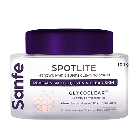Sanfe Spotlite Ingrown Hair & Bumps Clearing Body Scrub For Dark Underarms, Inner Thighs And Sensitive Areas | 3X Quicker Penetration With Glycoclear | 10% Glycolic Acid, Walnut Beads | Helps in Depigmentation - 50gm, For Indian Women Skin