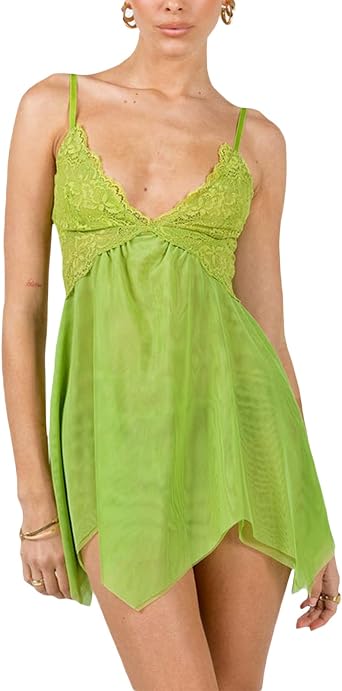 KOSUSANILL Ruffle Lace Mini Dress Women Sexy Bodycon Y2k Flowy Backless Spaghetti Strap Low V Neck Mesh See Through Dress
