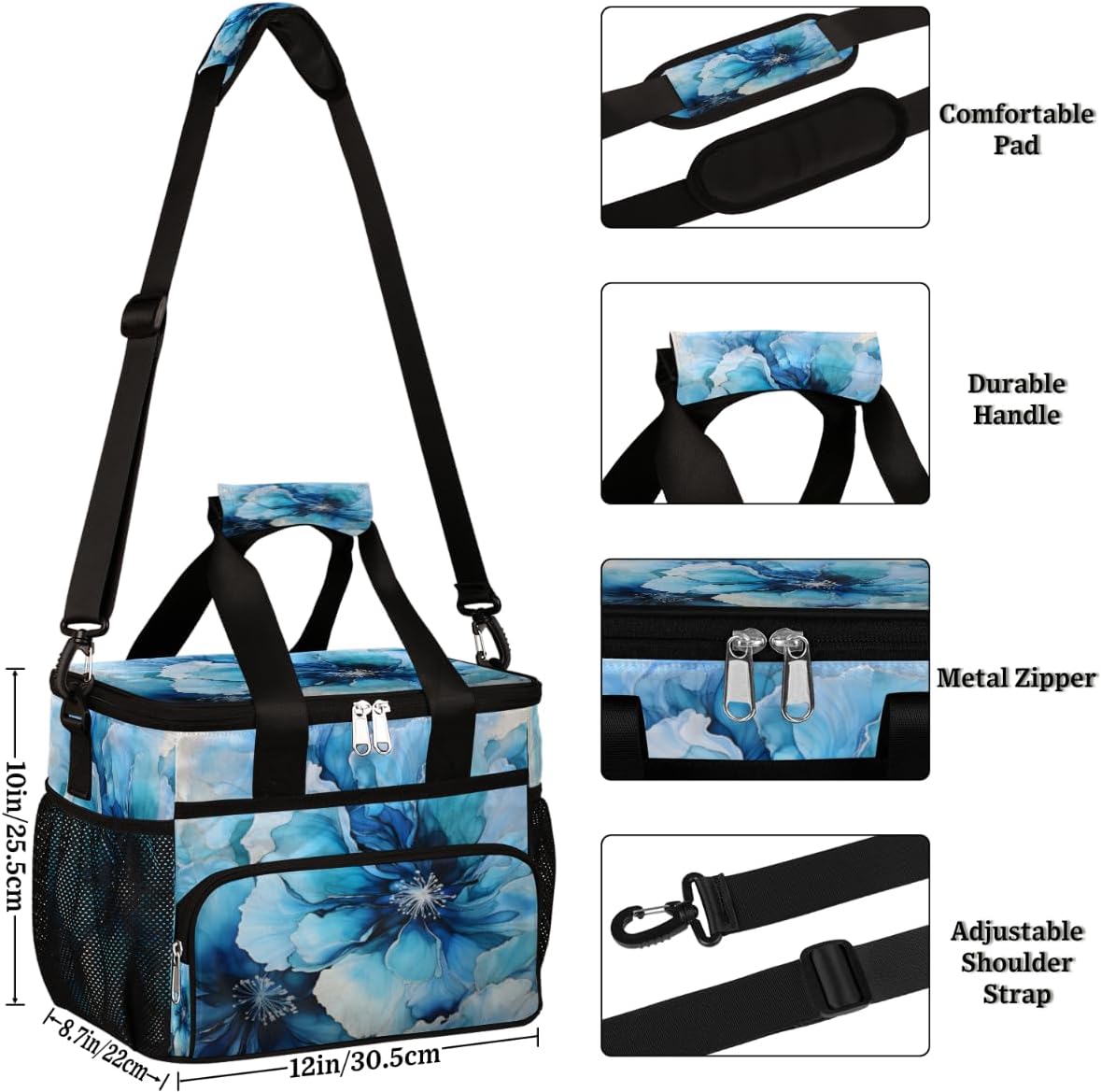 Blue Insulated Picnic Backpack Lunch Box for Women Men Picnic Basket Tote Lunch Bag Picnic Bag Portable Lunch Bags for Picnic, Beach, Work, Trip,Office, Camp Watercolor Flower