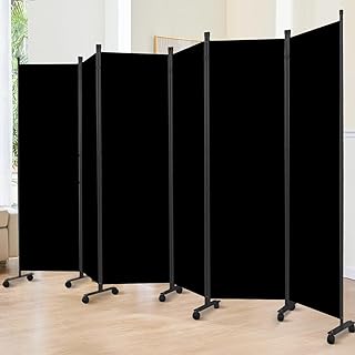 Room Divider 6FT Room Partition with Lockable Wheels, (Thicked Metal Base) Room Dividers, Freestanding Indoor Folding Privacy Screens, Portable Fabric Wall Divider for (Black, 132"- 6 Panel)
