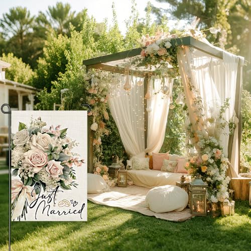Drapeau de jardin Just Married double face pour décoration extérieure de cour